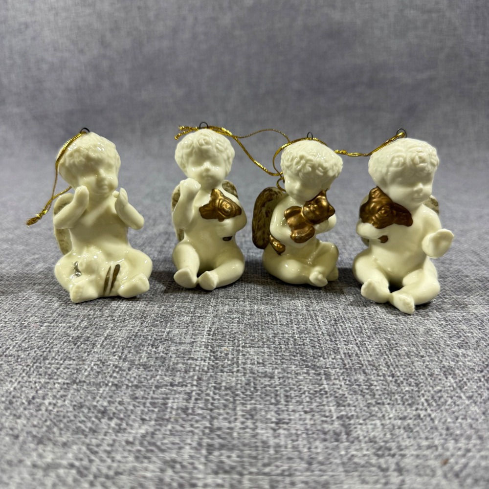 VTG Holiday Collection Cherub Angel Porcelain Hanging Ornaments 4pc Cream Gold